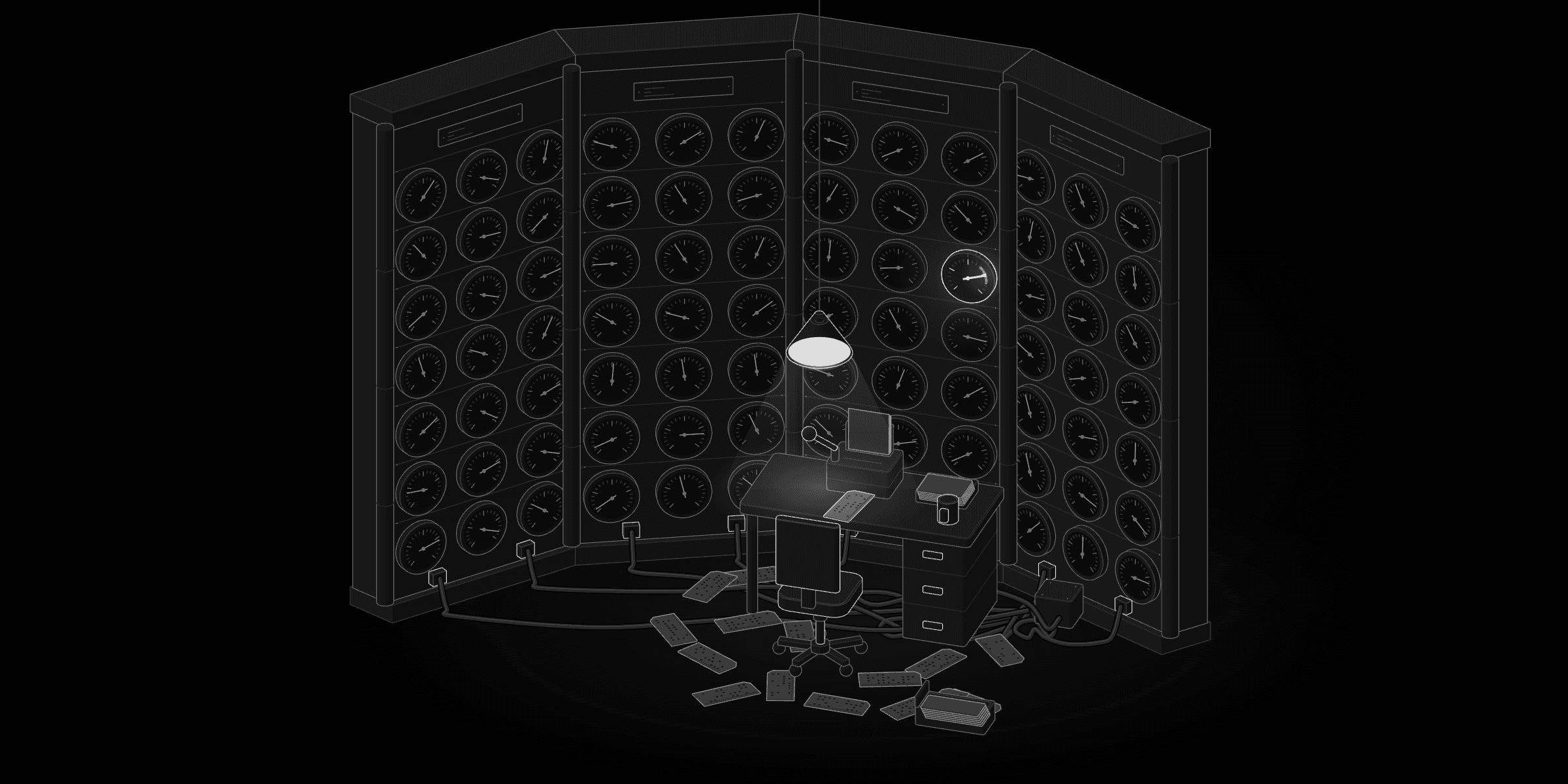 An isometric wall of analog dial gauges with one lit dial reading in its green zone, an operator desk with a punch-card reader, an empty chair, cables across the floor and scattered punch cards under a pendant lamp